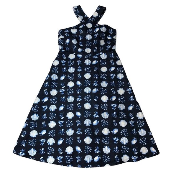 Ann Taylor NWT Navy Blue Seashell Print Halter Midi Flared Dress Linen Size 6 - Picture 3 of 12